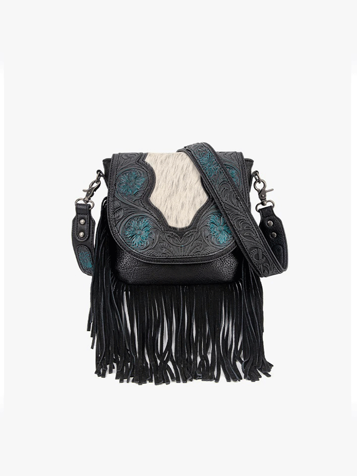 Trinity Ranch TR187-8360BK Womens Genuine Hair On Cowhide Tooled Fringe Crossbody Bag Black front view. If you need any assistance with this item or the purchase of this item please call us at five six one seven four eight eight eight zero one Monday through Saturday 10:00a.m EST to 8:00 p.m EST