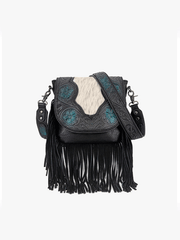 Trinity Ranch TR187-8360BK Womens Genuine Hair On Cowhide Tooled Fringe Crossbody Bag Black front view. If you need any assistance with this item or the purchase of this item please call us at five six one seven four eight eight eight zero one Monday through Saturday 10:00a.m EST to 8:00 p.m EST