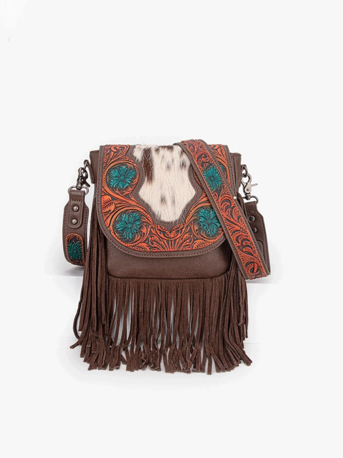 Trinity Ranch TR187-8360CF Womens Genuine Hair On Cowhide Tooled Fringe Crossbody Bag Coffee front view. If you need any assistance with this item or the purchase of this item please call us at five six one seven four eight eight eight zero one Monday through Saturday 10:00a.m EST to 8:00 p.m EST