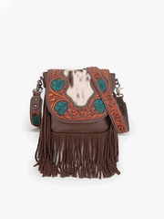Trinity Ranch TR187-8360CF Womens Genuine Hair On Cowhide Tooled Fringe Crossbody Bag Coffee front view. If you need any assistance with this item or the purchase of this item please call us at five six one seven four eight eight eight zero one Monday through Saturday 10:00a.m EST to 8:00 p.m EST