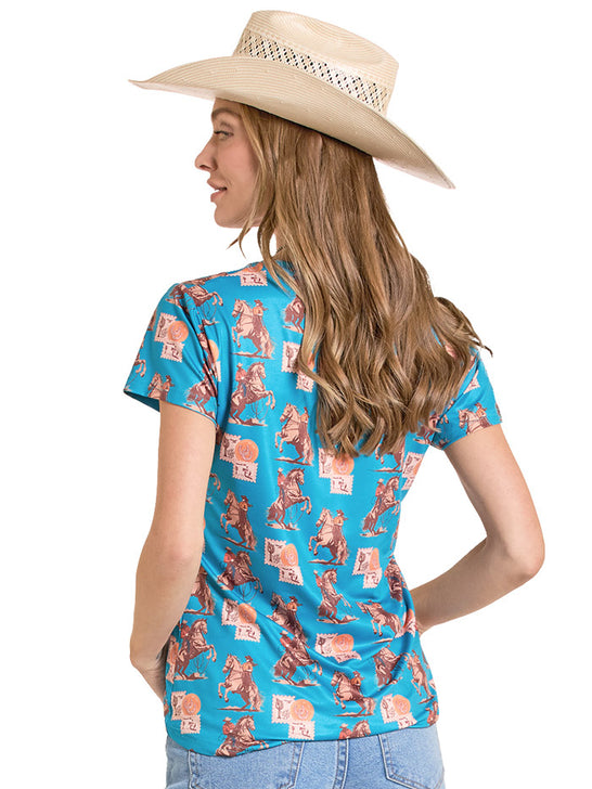 Panhandle TW21T08515 Ladies Postage Short Sleeve Performance Shirt Teal back view. If you need any assistance with this item or the purchase of this item please call us at five six one seven four eight eight eight zero one Monday through Saturday 10:00a.m EST to 8:00 p.m EST