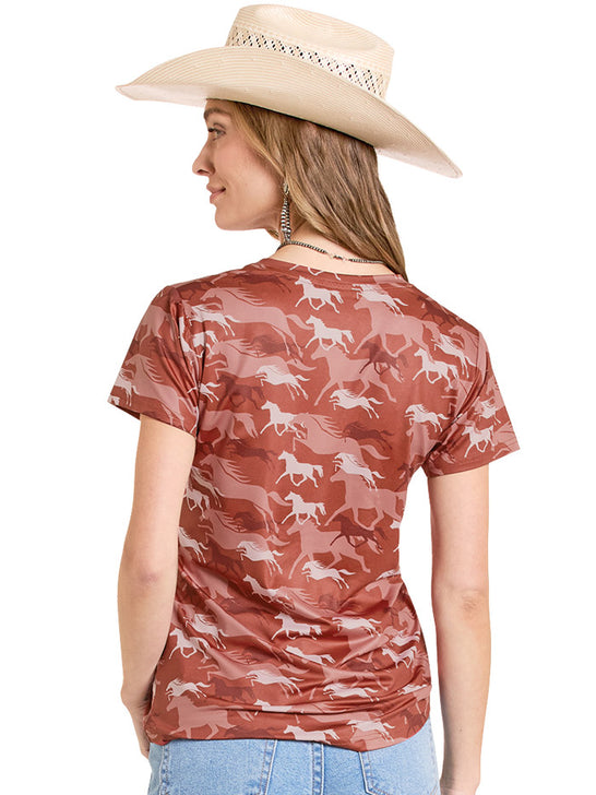 Panhandle TW21T08556 Ladies Horse Print Short Sleeve Performance Shirt Rust back view. If you need any assistance with this item or the purchase of this item please call us at five six one seven four eight eight eight zero one Monday through Saturday 10:00a.m EST to 8:00 p.m EST