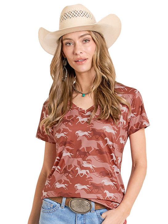 Panhandle TW21T08556 Ladies Horse Print Short Sleeve Performance Shirt Rust front view. If you need any assistance with this item or the purchase of this item please call us at five six one seven four eight eight eight zero one Monday through Saturday 10:00a.m EST to 8:00 p.m EST