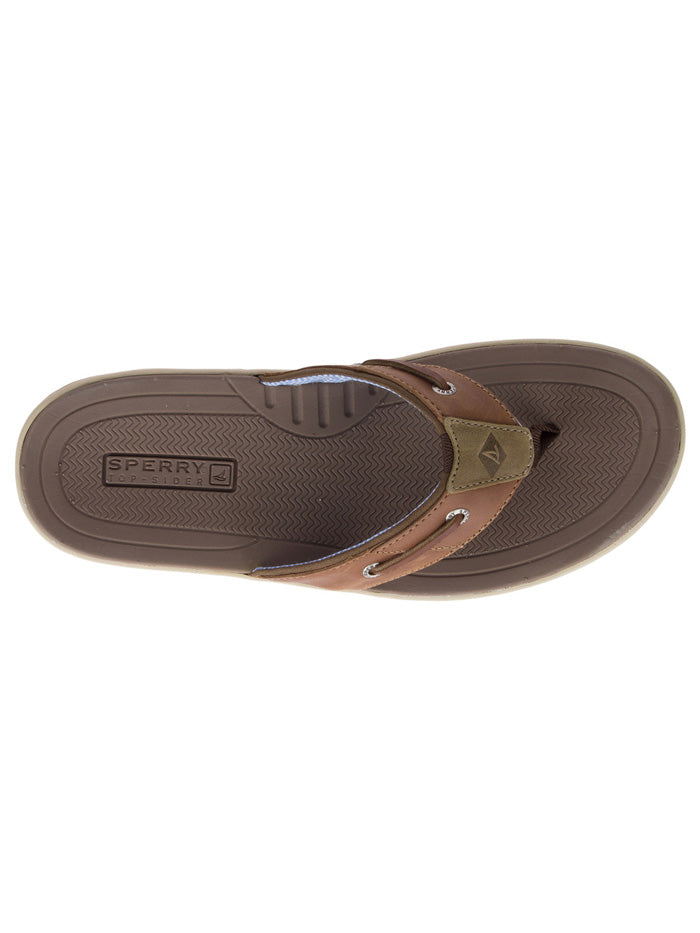 Sperry 1048719 Mens Baitfish Flip Flops Tan front and side view. If you need any assistance with this item or the purchase of this item please call us at five six one seven four eight eight eight zero one Monday through Saturday 10:00a.m EST to 8:00 p.m EST