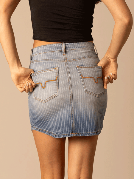Kimes Ranch TORY Womens Stripe Denim Mini Skirt Light Blue back view. If you need any assistance with this item or the purchase of this item please call us at five six one seven four eight eight eight zero one Monday through Saturday 10:00a.m EST to 8:00 p.m EST