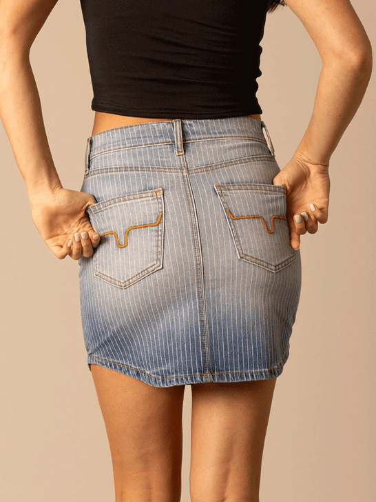 Kimes Ranch TORY Womens Stripe Denim Mini Skirt Light Blue back view. If you need any assistance with this item or the purchase of this item please call us at five six one seven four eight eight eight zero one Monday through Saturday 10:00a.m EST to 8:00 p.m EST