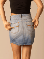 Kimes Ranch TORY Womens Stripe Denim Mini Skirt Light Blue back view. If you need any assistance with this item or the purchase of this item please call us at five six one seven four eight eight eight zero one Monday through Saturday 10:00a.m EST to 8:00 p.m EST