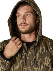 Carhartt 104392-BRN Mens Washed Duck Sherpa Lined Jacket Brown hoodie close up. If you need any assistance with this item or the purchase of this item please call us at five six one seven four eight eight eight zero one Monday through Saturday 10:00a.m EST to 8:00 p.m EST
