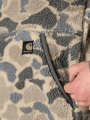 Carhartt 106443-GM5 Mens Loose Fit Fleece Pullover 2 Warmer Rating Khaki Vintage Camo pocket close up. If you need any assistance with this item or the purchase of this item please call us at five six one seven four eight eight eight zero one Monday through Saturday 10:00a.m EST to 8:00 p.m EST