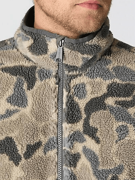 Carhartt 106443-GM5 Mens Loose Fit Fleece Pullover 2 Warmer Rating Khaki Vintage Camo neck close up. If you need any assistance with this item or the purchase of this item please call us at five six one seven four eight eight eight zero one Monday through Saturday 10:00a.m EST to 8:00 p.m EST