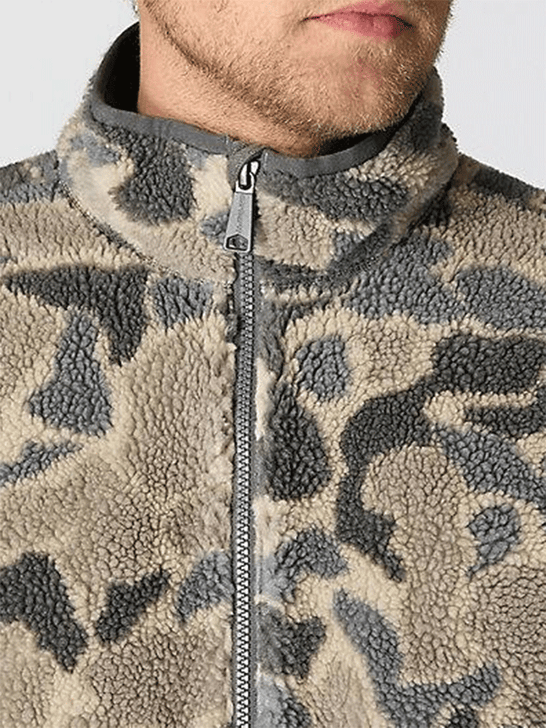 Carhartt 106443-GM5 Mens Loose Fit Fleece Pullover 2 Warmer Rating Khaki Vintage Camo neck close up. If you need any assistance with this item or the purchase of this item please call us at five six one seven four eight eight eight zero one Monday through Saturday 10:00a.m EST to 8:00 p.m EST