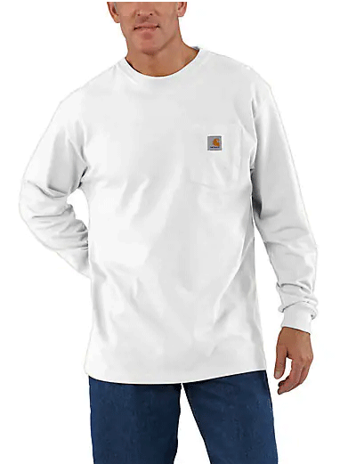 Carhartt K126-WHT Mens Loose Fit Heavyweight Long Sleeve Pocket Shirt White front on model