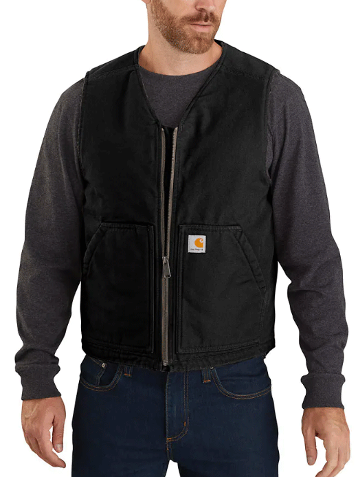 Carhartt 104394-BLK Mens Relaxed Fit Washed Duck Sherpa-Lined Vest Black alternate front view on model. If you need any assistance with this item or the purchase of this item please call us at five six one seven four eight eight eight zero one Monday through Saturday 10:00a.m EST to 8:00 p.m EST