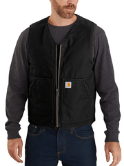 Carhartt 104394-BLK Mens Relaxed Fit Washed Duck Sherpa-Lined Vest Black alternate front view on model. If you need any assistance with this item or the purchase of this item please call us at five six one seven four eight eight eight zero one Monday through Saturday 10:00a.m EST to 8:00 p.m EST