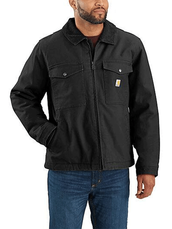 Carhartt 106432-N04 Mens Montana Rugged Flex Relaxed Fit Duck Insulated Jacket Black on model view. If you need any assistance with this item or the purchase of this item please call us at five six one seven four eight eight eight zero one Monday through Saturday 10:00a.m EST to 8:00 p.m EST