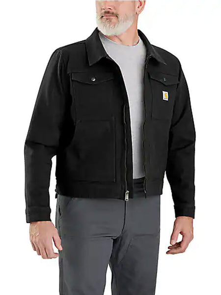 Carhartt 105748-N04 Mens Rugged Flex Relaxed Fit Duck Jacket Black front view. If you need any assistance with this item or the purchase of this item please call us at five six one seven four eight eight eight zero one Monday through Saturday 10:00a.m EST to 8:00 p.m EST