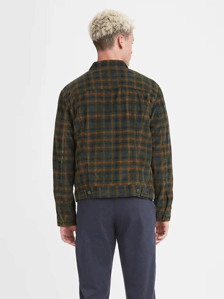 Levis 723340605 Mens Corduroy Trucker Jacket Mossy Green back view. If you need any assistance with this item or the purchase of this item please call us at five six one seven four eight eight eight zero one Monday through Saturday 10:00a.m EST to 8:00 p.m EST