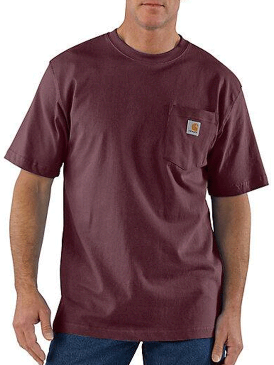 Carhartt K87-PRT Mens Loose Fit Heavyweight Short Sleeve Pocket T-Shirt Port front view on model. If you need any assistance with this item or the purchase of this item please call us at five six one seven four eight eight eight zero one Monday through Saturday 10:00a.m EST to 8:00 p.m EST