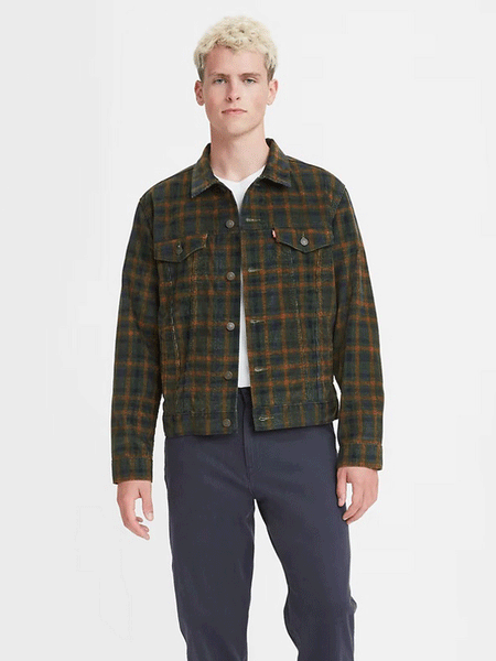 Levis 723340605 Mens Corduroy Trucker Jacket Mossy Green front view. If you need any assistance with this item or the purchase of this item please call us at five six one seven four eight eight eight zero one Monday through Saturday 10:00a.m EST to 8:00 p.m EST