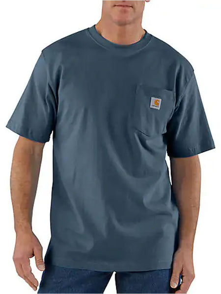 Carhartt K87-BLS Mens Loose Fit Heavyweight Short-Sleeve Pocket T-Shirt Bluestone front view. If you need any assistance with this item or the purchase of this item please call us at five six one seven four eight eight eight zero one Monday through Saturday 10:00a.m EST to 8:00 p.m EST