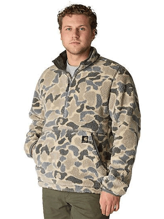 Carhartt 106443-GM5 Mens Loose Fit Fleece Pullover 2 Warmer Rating Khaki Vintage Camo front view. If you need any assistance with this item or the purchase of this item please call us at five six one seven four eight eight eight zero one Monday through Saturday 10:00a.m EST to 8:00 p.m EST