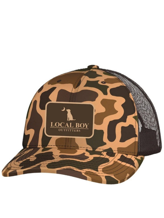 Local Boy Outfitters L3000789-OSC Pocket Patch Trucker Hat Old School Camo front view. If you need any assistance with this item or the purchase of this item please call us at five six one seven four eight eight eight zero one Monday through Saturday 10:00a.m EST to 8:00 p.m EST