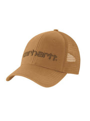 Carhartt 101195-875 Canvas Mesh Back Logo Graphic Cap Brown side / front view. If you need any assistance with this item or the purchase of this item please call us at five six one seven four eight eight eight zero one Monday through Saturday 10:00a.m EST to 8:00 p.m EST 