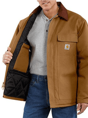 Carhartt 106674-BRN Mens Loose Fit Firm Duck Insulated Traditional Coat Brown inside view. If you need any assistance with this item or the purchase of this item please call us at five six one seven four eight eight eight zero one Monday through Saturday 10:00a.m EST to 8:00 p.m EST