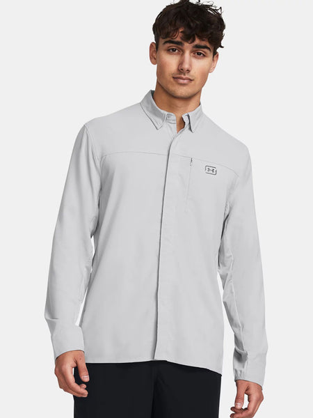 Under Armour 1383570 Mens UA Fish Pro Hybrid Woven Long Sleeve Gray front view. If you need any assistance with this item or the purchase of this item please call us at five six one seven four eight eight eight zero one Monday through Saturday 10:00a.m EST to 8:00 p.m EST
