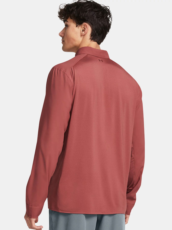 Under Armour 1383570-611 Mens UA Fish Pro Hybrid Woven Long Sleeve Cinna Red Coral front view. If you need any assistance with this item or the purchase of this item please call us at five six one seven four eight eight eight zero one Monday through Saturday 10:00a.m EST to 8:00 p.m EST