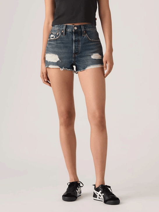 Levi's 563270559 Womens 501 Original High Rise Jean Shorts Jump Out Navy front view. If you need any assistance with this item or the purchase of this item please call us at five six one seven four eight eight eight zero one Monday through Saturday 10:00a.m EST to 8:00 p.m EST
