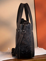 Wrangler WG169-2022BK Womens Genuine Hair On Cowhide Tote/Crossbody Bag Black side view. If you need any assistance with this item or the purchase of this item please call us at five six one seven four eight eight eight zero one Monday through Saturday 10:00a.m EST to 8:00 p.m EST