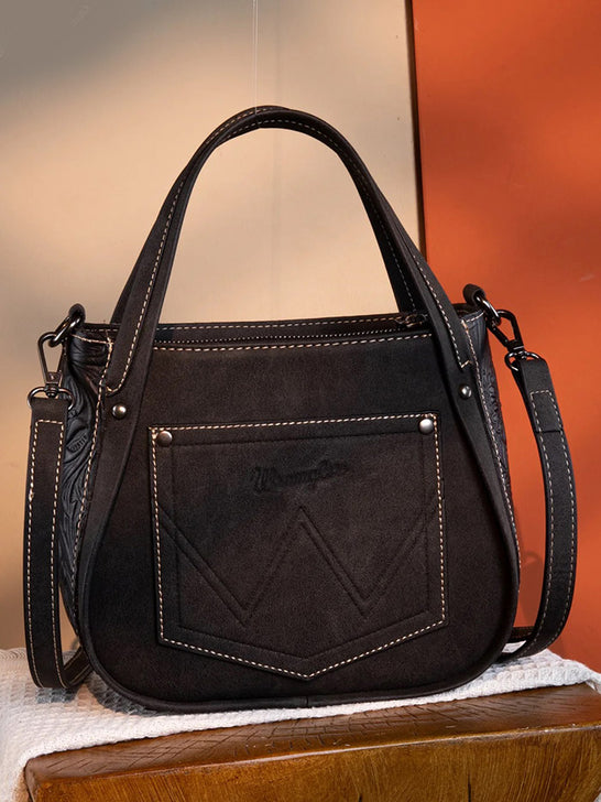 Wrangler WG169-2022BK Womens Genuine Hair On Cowhide Tote/Crossbody Bag Black back view. If you need any assistance with this item or the purchase of this item please call us at five six one seven four eight eight eight zero one Monday through Saturday 10:00a.m EST to 8:00 p.m EST