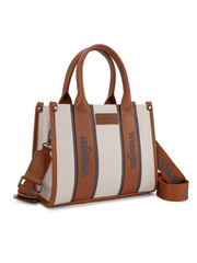 Wrangler WG208-8120SBR Womens Color Block Crossbody Tote Tan Brown front and side view. If you need any assistance with this item or the purchase of this item please call us at five six one seven four eight eight eight zero one Monday through Saturday 10:00a.m EST to 8:00 p.m EST