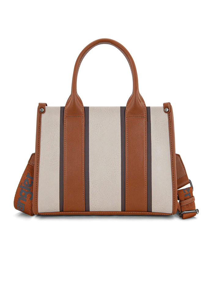 Wrangler WG208-8120SBR Womens Color Block Crossbody Tote Tan Brown front and side view. If you need any assistance with this item or the purchase of this item please call us at five six one seven four eight eight eight zero one Monday through Saturday 10:00a.m EST to 8:00 p.m EST