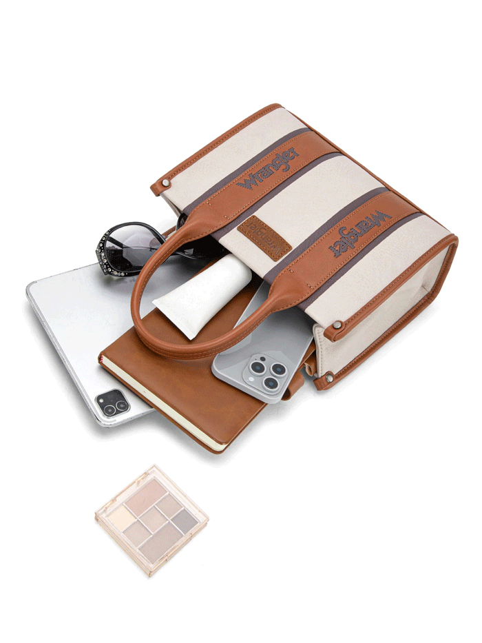 Wrangler WG208-8120SBR Womens Color Block Crossbody Tote Tan Brown front and side view. If you need any assistance with this item or the purchase of this item please call us at five six one seven four eight eight eight zero one Monday through Saturday 10:00a.m EST to 8:00 p.m EST