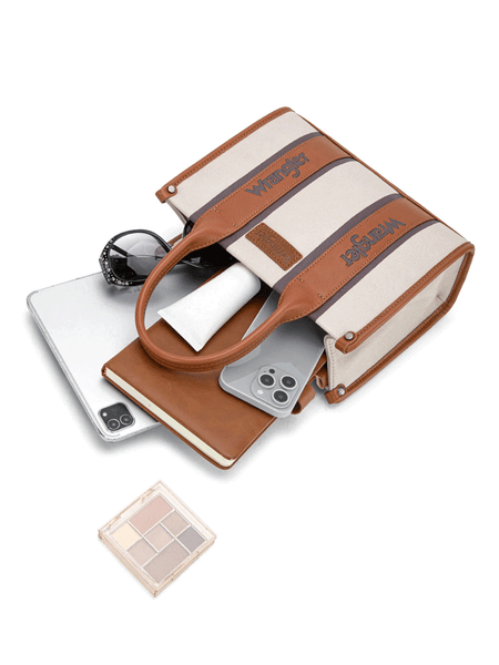 Wrangler WG208-8120SBR Womens Color Block Crossbody Tote Tan Brown with accesories. If you need any assistance with this item or the purchase of this item please call us at five six one seven four eight eight eight zero one Monday through Saturday 10:00a.m EST to 8:00 p.m EST