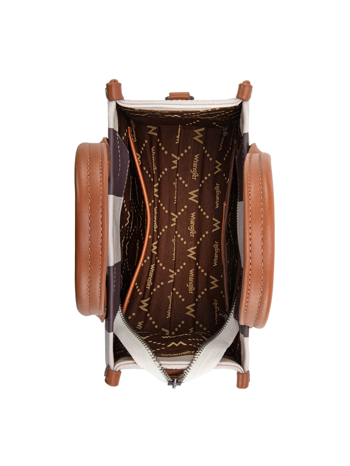 Wrangler WG208-8120SBR Womens Color Block Crossbody Tote Tan Brown front and side view. If you need any assistance with this item or the purchase of this item please call us at five six one seven four eight eight eight zero one Monday through Saturday 10:00a.m EST to 8:00 p.m EST