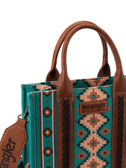 Wrangler WG2202-8120STQ Womens Southwestern Print Small Canvas Tote Crossbody Turquoise close up. If you need any assistance with this item or the purchase of this item please call us at five six one seven four eight eight eight zero one Monday through Saturday 10:00a.m EST to 8:00 p.m EST