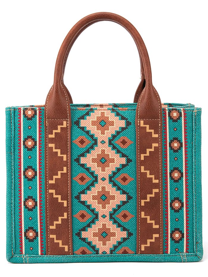 Wrangler WG2202-8120STQ Womens Southwestern Print Small Canvas Tote Crossbody Turquoise front view with strap. If you need any assistance with this item or the purchase of this item please call us at five six one seven four eight eight eight zero one Monday through Saturday 10:00a.m EST to 8:00 p.m EST