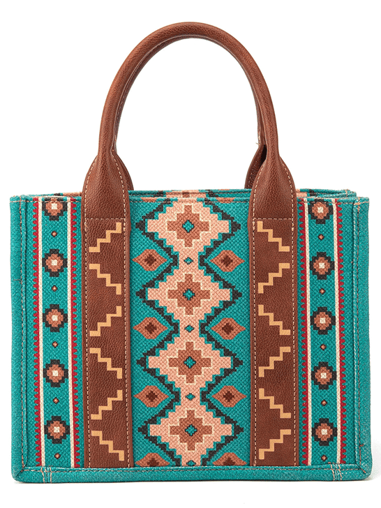 Wrangler WG2202-8120STQ Womens Southwestern Print Small Canvas Tote Crossbody Turquoise back view. If you need any assistance with this item or the purchase of this item please call us at five six one seven four eight eight eight zero one Monday through Saturday 10:00a.m EST to 8:00 p.m EST
