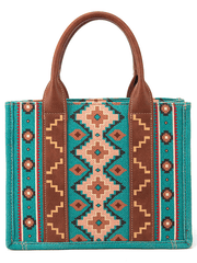 Wrangler WG2202-8120STQ Womens Southwestern Print Small Canvas Tote Crossbody Turquoise back view. If you need any assistance with this item or the purchase of this item please call us at five six one seven four eight eight eight zero one Monday through Saturday 10:00a.m EST to 8:00 p.m EST