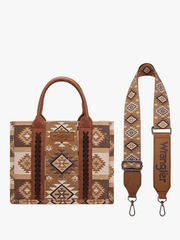 Wrangler WG2209-8120SBR Womens Aztec Pattern Dual Sided Print Tote Bag Brown front view with strap, If you need any assistance with this item or the purchase of this item please call us at five six one seven four eight eight eight zero one Monday through Saturday 10:00a.m EST to 8:00 p.m EST