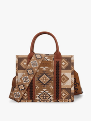 Wrangler WG2209-8120SBR Womens Aztec Pattern Dual Sided Print Tote Bag Brown front view. If you need any assistance with this item or the purchase of this item please call us at five six one seven four eight eight eight zero one Monday through Saturday 10:00a.m EST to 8:00 p.m EST