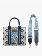 Wrangler WG2209-8120SJN Womens Aztec Pattern Dual Sided Print Tote Bag Blue Jean front view with strap. If you need any assistance with this item or the purchase of this item please call us at five six one seven four eight eight eight zero one Monday through Saturday 10:00a.m EST to 8:00 p.m EST