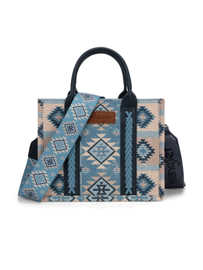 Wrangler WG2209-8120SJN Womens Aztec Pattern Dual Sided Print Tote Bag Blue Jean front and side view. If you need any assistance with this item or the purchase of this item please call us at five six one seven four eight eight eight zero one Monday through Saturday 10:00a.m EST to 8:00 p.m EST