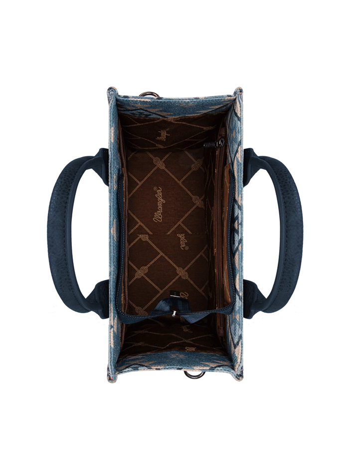 Wrangler WG2209-8120SJN Womens Aztec Pattern Dual Sided Print Tote Bag Blue Jean front and side view. If you need any assistance with this item or the purchase of this item please call us at five six one seven four eight eight eight zero one Monday through Saturday 10:00a.m EST to 8:00 p.m EST