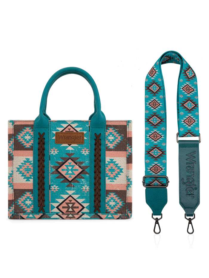 Wrangler WG2209-8120STQ Womens Aztec Pattern Dual Sided Print Tote Bag Turquoise front and side view. If you need any assistance with this item or the purchase of this item please call us at five six one seven four eight eight eight zero one Monday through Saturday 10:00a.m EST to 8:00 p.m EST