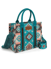 Wrangler WG2209-8120STQ Womens Aztec Pattern Dual Sided Print Tote Bag Turquoise front and side view. If you need any assistance with this item or the purchase of this item please call us at five six one seven four eight eight eight zero one Monday through Saturday 10:00a.m EST to 8:00 p.m EST