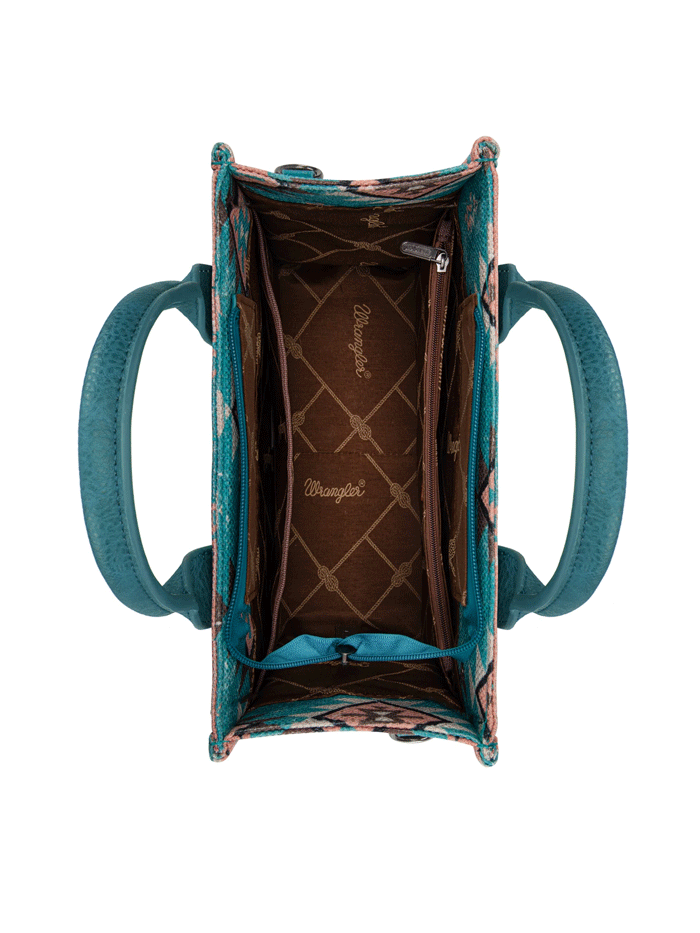 Wrangler WG2209-8120STQ Womens Aztec Pattern Dual Sided Print Tote Bag Turquoise front and side view. If you need any assistance with this item or the purchase of this item please call us at five six one seven four eight eight eight zero one Monday through Saturday 10:00a.m EST to 8:00 p.m EST